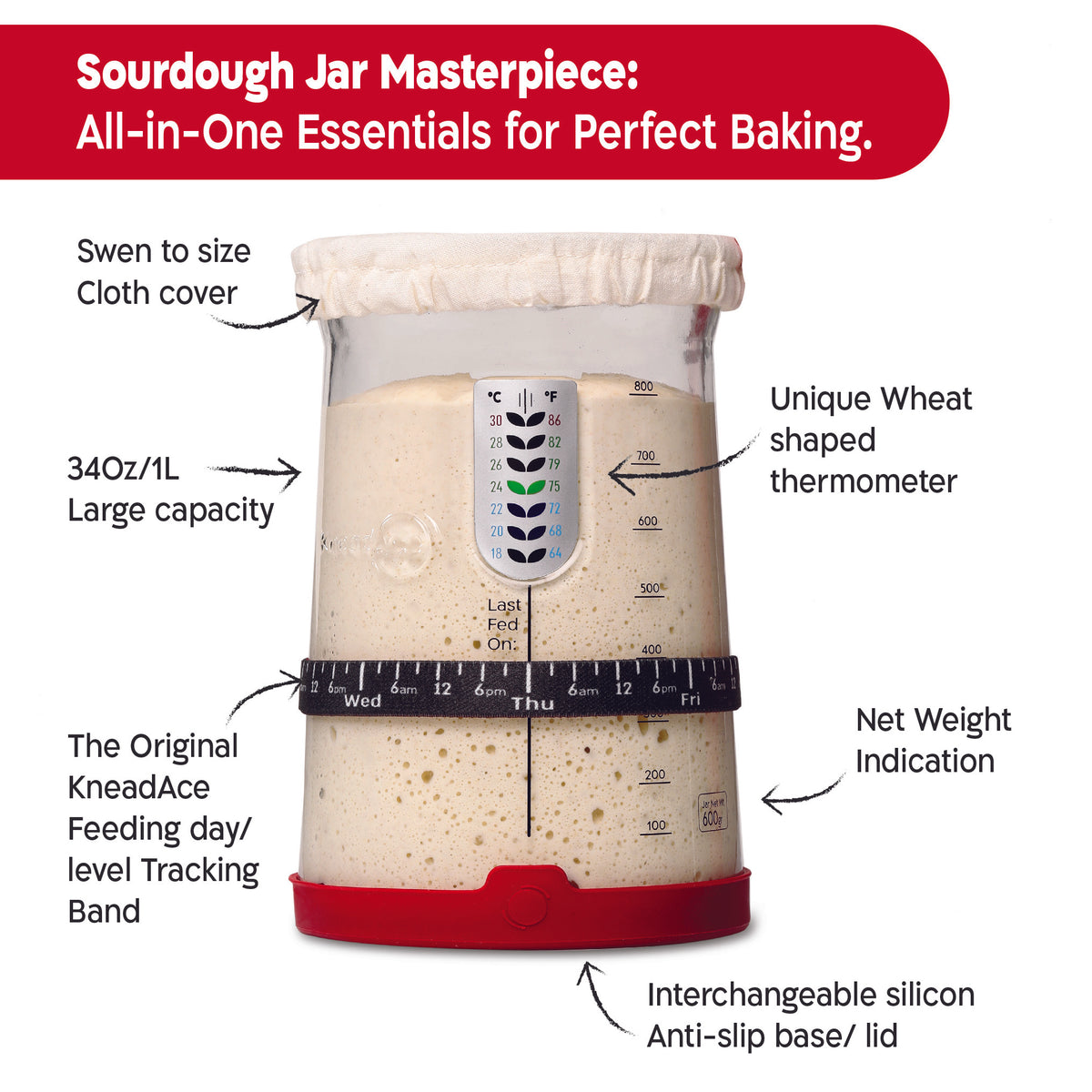 Essential Sourdough Starter Jar Kit (34 oz.) - Sourdough Jar Wide Mouth with Black Silicone Spatula, Elastic Tracking Band, and Bamboo Lid