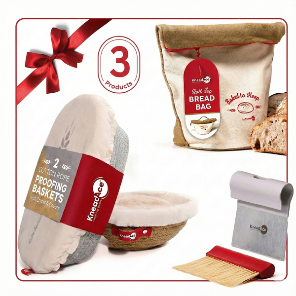 KneadAce Bakers’ Christmas Kit with Bread Bag, 2 Baskets, Bench Scraper and Baker’s Brush