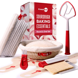 KneadAce sourdough baking essentials set with tools and oval and round baskets on a white background.