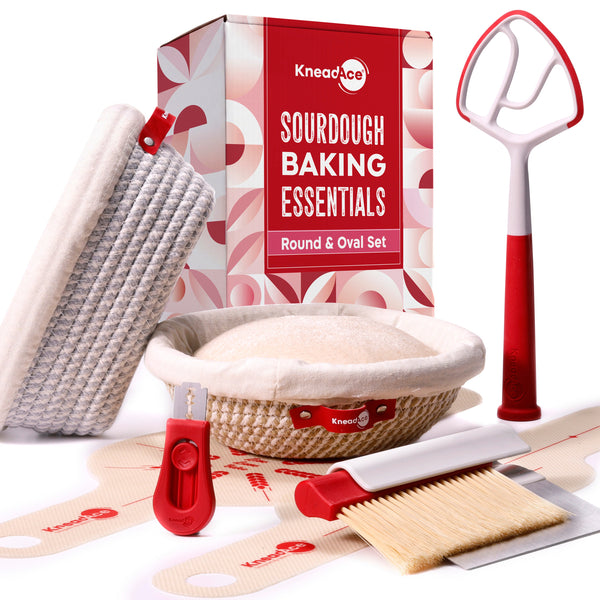 KneadAce sourdough baking essentials set with tools and oval and round baskets on a white background.