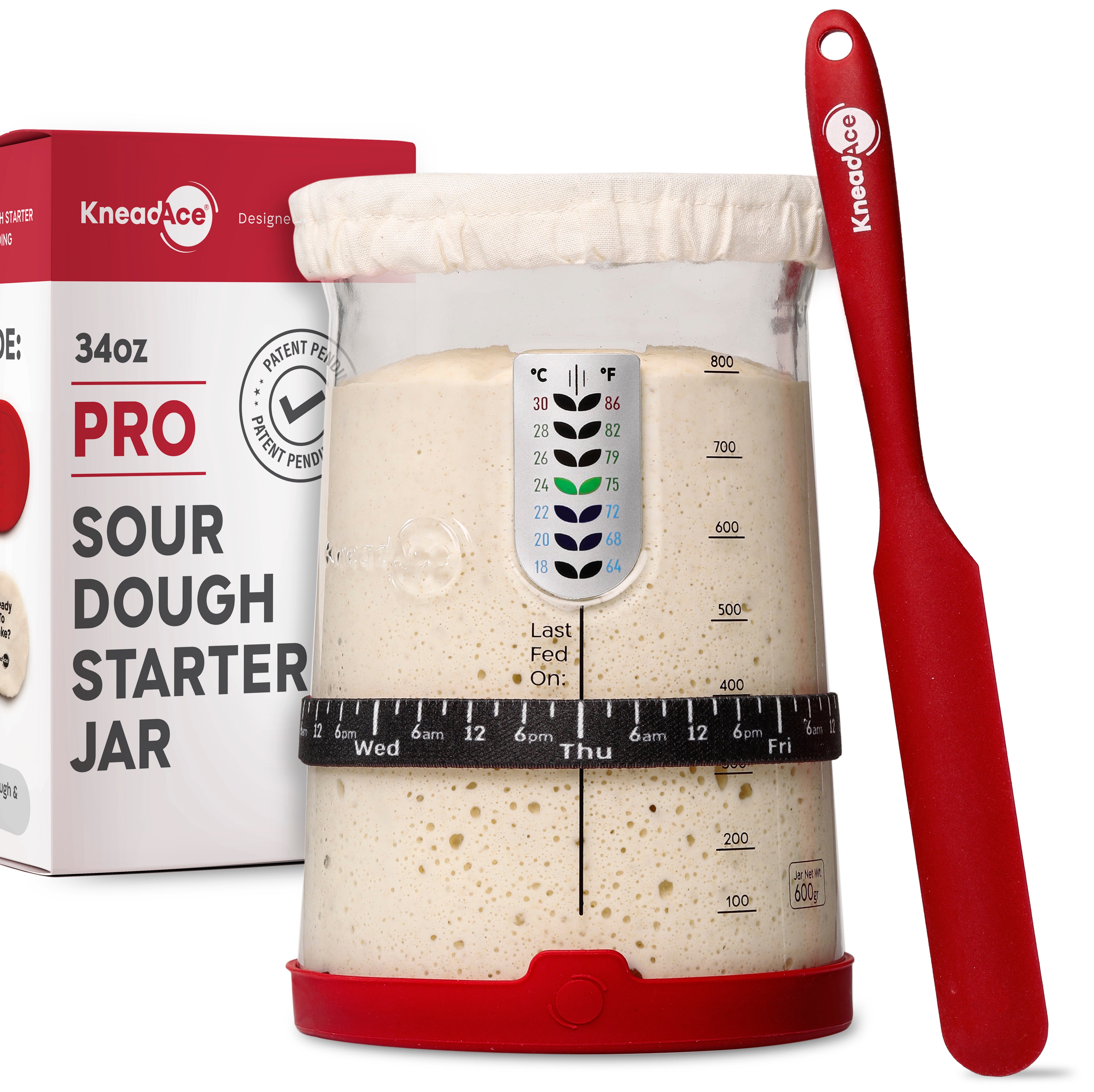 Essential Sourdough Starter Jar Kit (34 oz.) - Sourdough Jar Wide Mouth with Black Silicone Spatula, Elastic Tracking Band, and Bamboo Lid