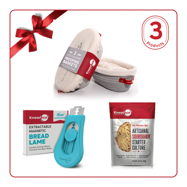 KneadAce Bakers’ Christmas Kit with 2 Oval Baskets, Turquoise Lame & Culture