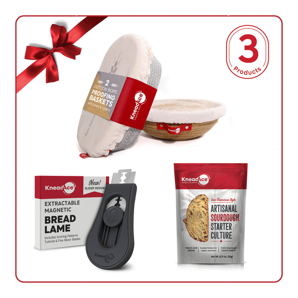 KneadAce Bakers’ Christmas Kit with Oval & Round Baskets, Black Lame & Culture